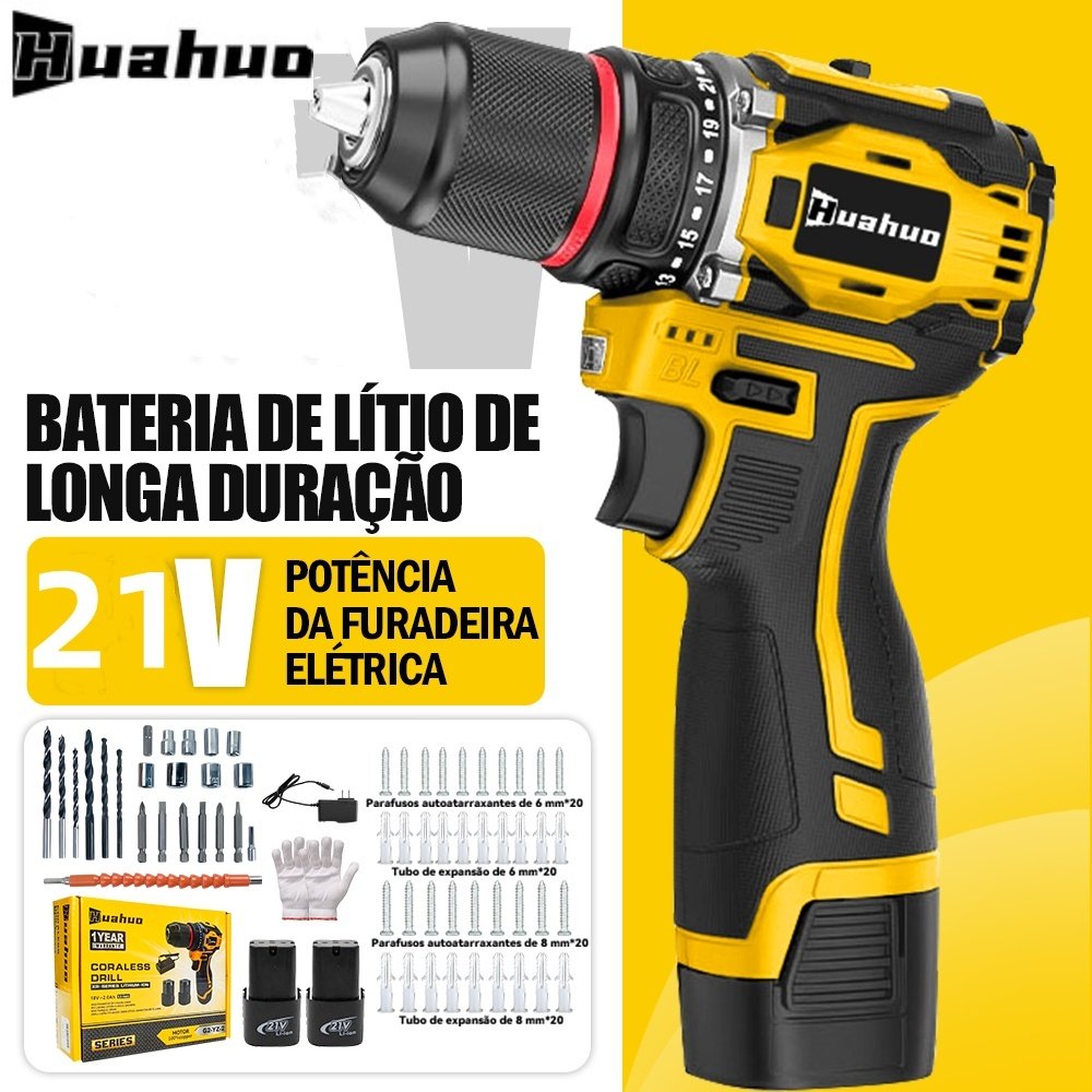 【110V/220V】Parafusadeira Furadeira 21V 2 Baterias  Acessórios Completo.