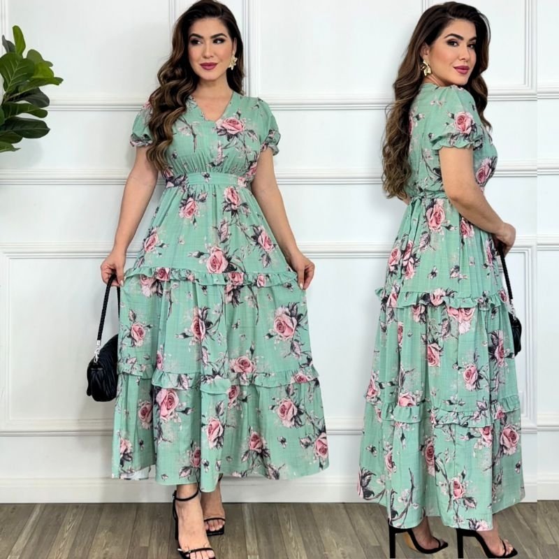 Vestido Longo Feminino Floral Estampado Confortável Festa Casual Forrado Saia Três Marias