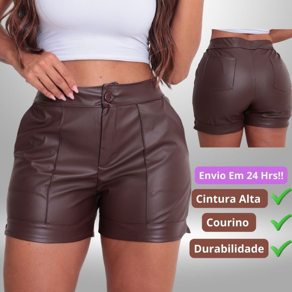 SHORT COURO FEMININO FORRADO CINTURA ALTA COM BOLSO E BOTÃO NÃO TRANSPARENTE