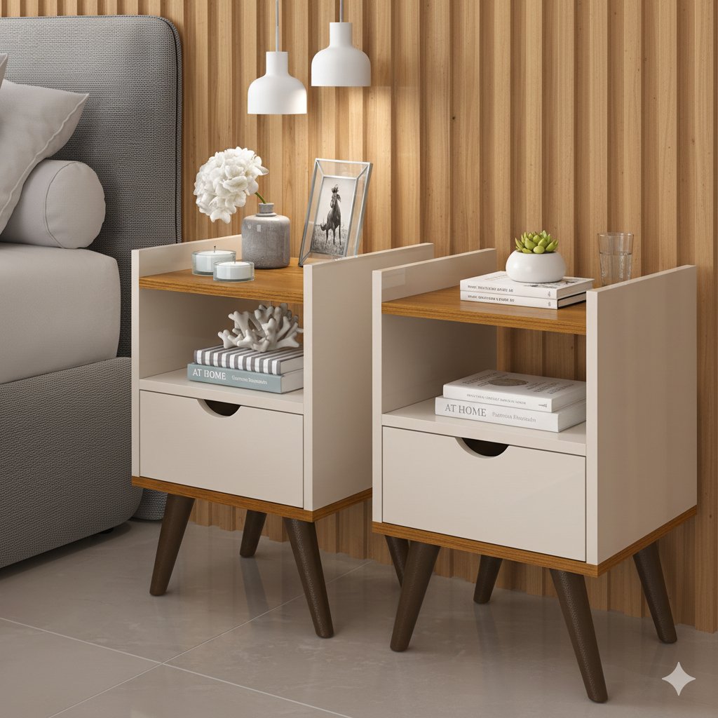 2 UN OU 1 UN Mesa de Cabeceira Alice Lateral de Cama com Gaveta Pés Com Puxador Usinado e Prateleira