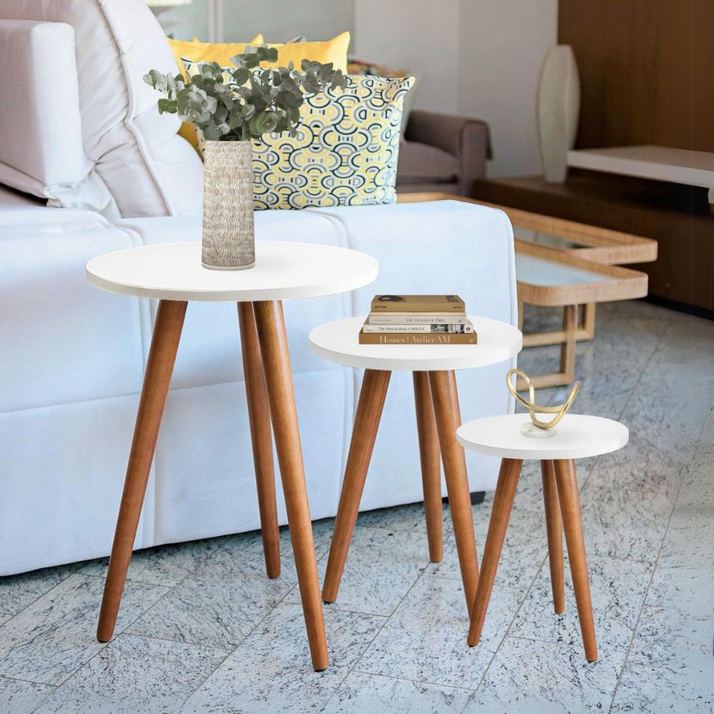 Trio de Mesinhas Lateral Redondas Sala Pé Palito Retro