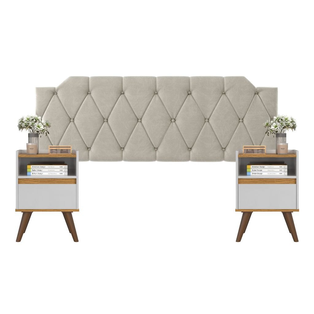 Conjunto Mesa De Cab Com Gaveta + Cabeceira Estofada Box Para Cama Queen