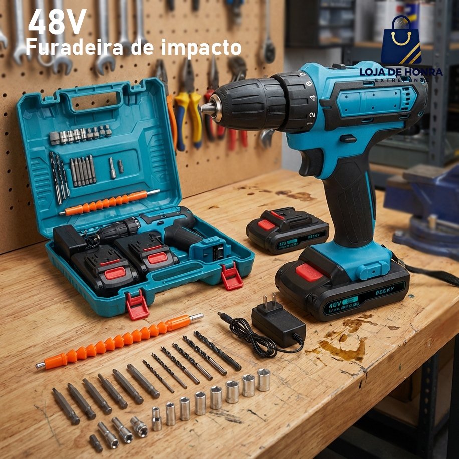 Parafusadeira de Impacto 48V/36v/24v/12v - Kit Profissional com 2 Baterias Recarregáveis Maleta e Acessórios