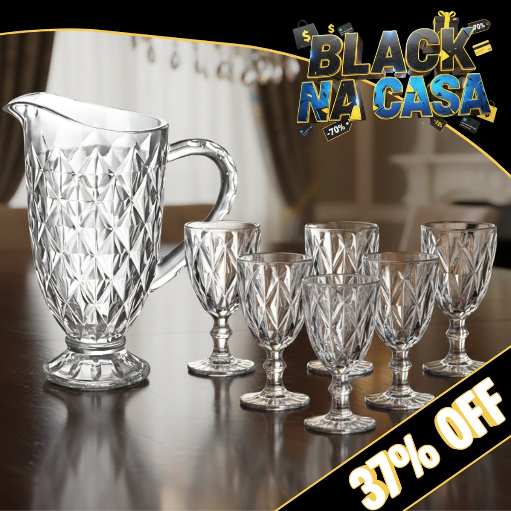 Kit 7 Peças Taças Diamond 320ml + Jarra Diamante 1,2L Para Água Suco Bico Jaca Abacaxi Transparente