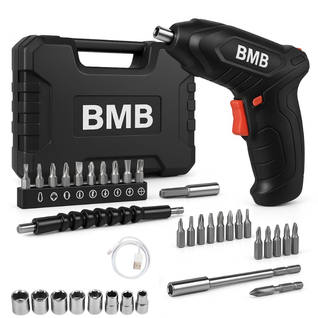 Parafusadeira e Furadeira Sem Fio à Bateria com Kit 48 Peças Carregamento USB Dupla Posição Bivolt