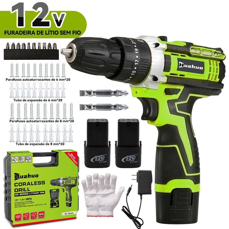 Parafusadeira Furadeira 12V 1 Baterias Sem Fio Impacto Com Maleta Completo Broca Bits Maleta (110V/220V).