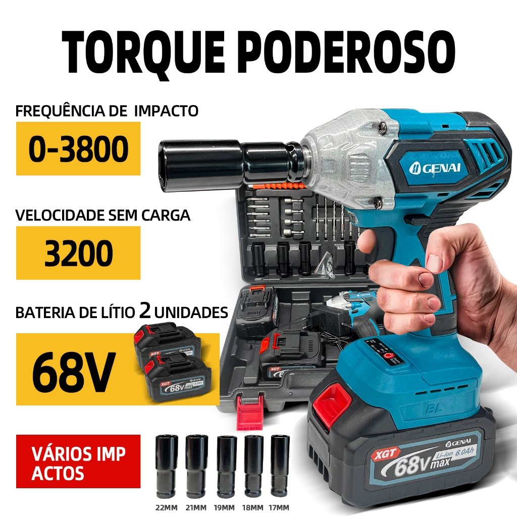 Chave de Impacto Elétrica Profissional Sem Escovas 68V - Torque 320NM - Kit Completo 2 Baterias