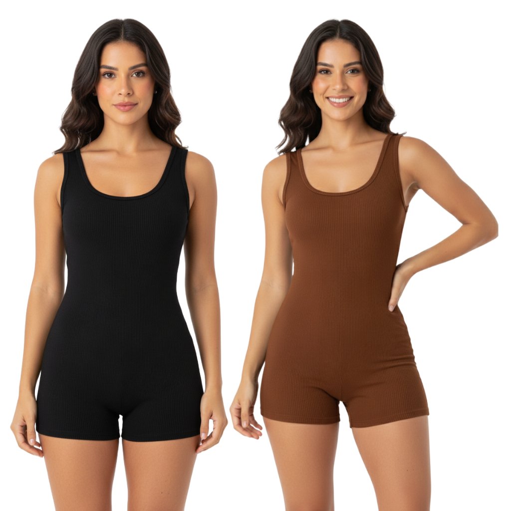 Macaquinho Feminino Canelado Curto Anarruga Ajustado Roupa Feminina Estilosa