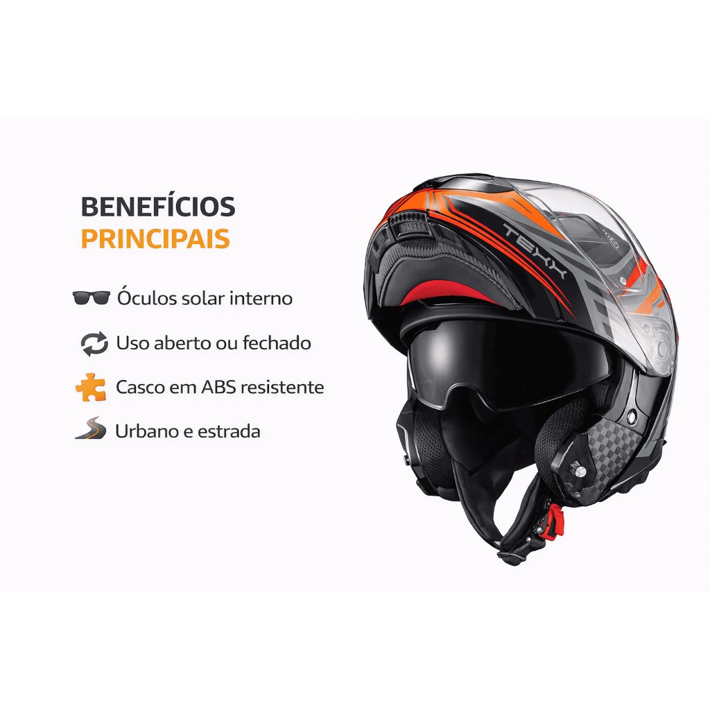 Capacete Texx Kratos Nômade Escamoteável com Óculos Solar Conforto e Proteção