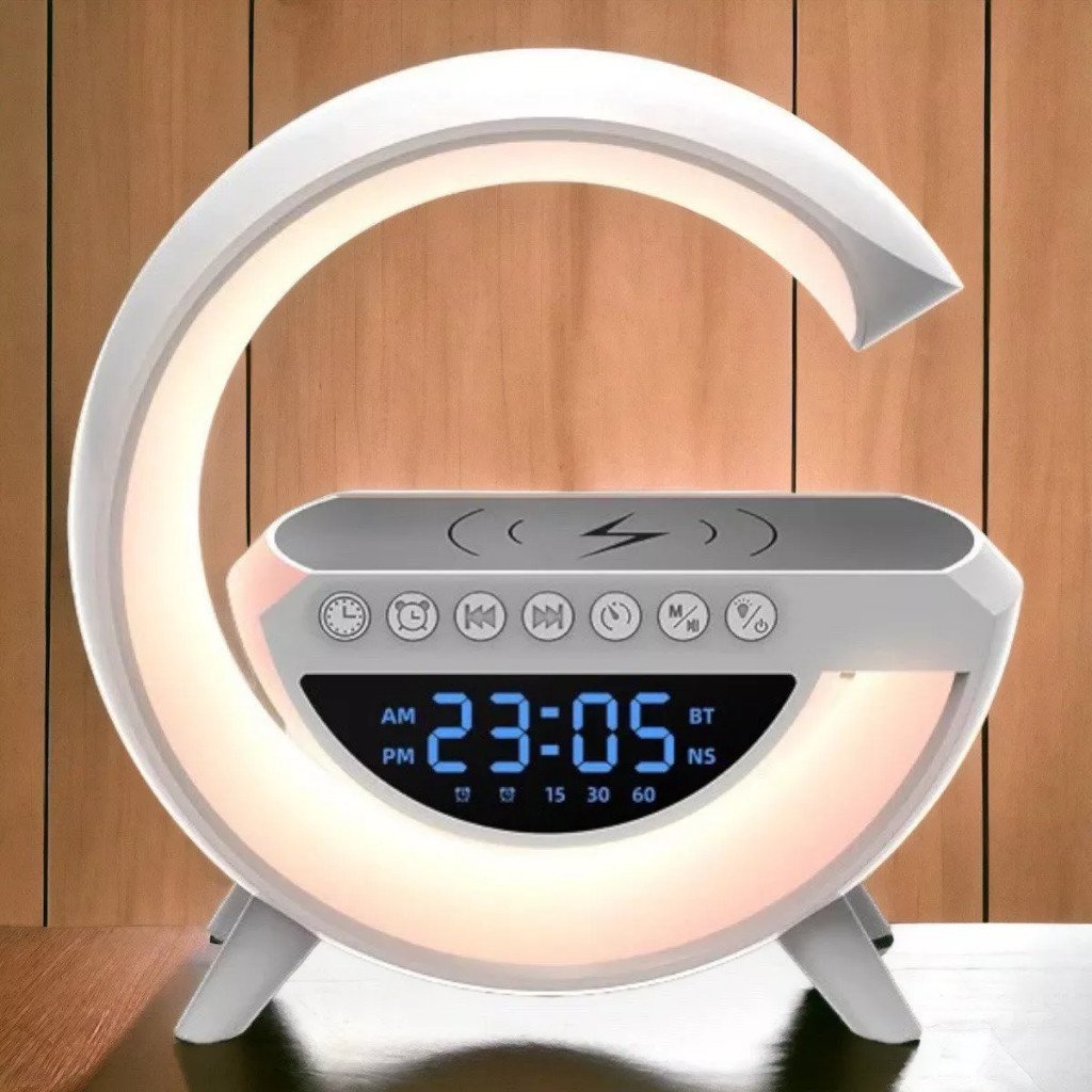 Caxinha de Som G -Speaker Com Relógio Luminária Bluetooth Carregador Sem Fio Led Luz Rgb COM RELÓGIO