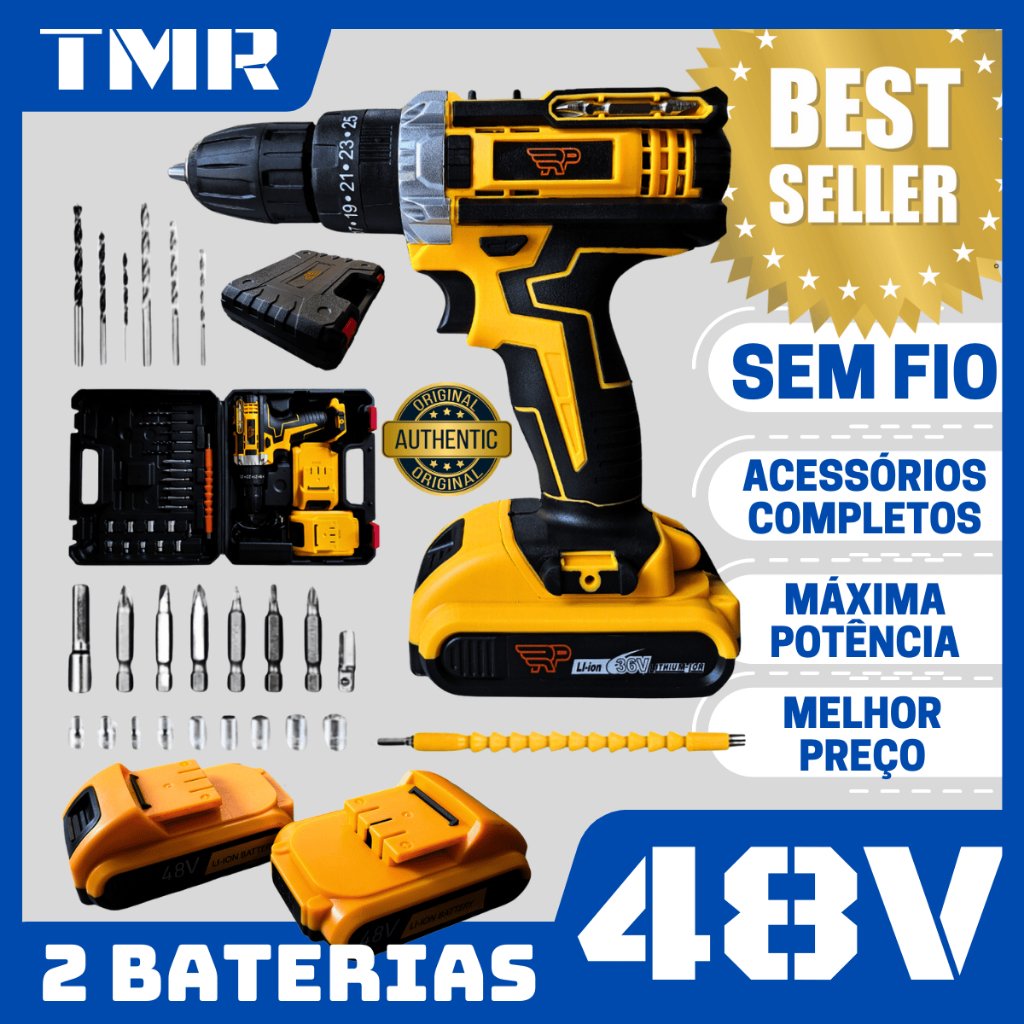 Furadeira Parafusadeira Elétrica 48V 2 Baterias 10mm Sem Fio Portátil Compacto Impacto 36V 26V 21V