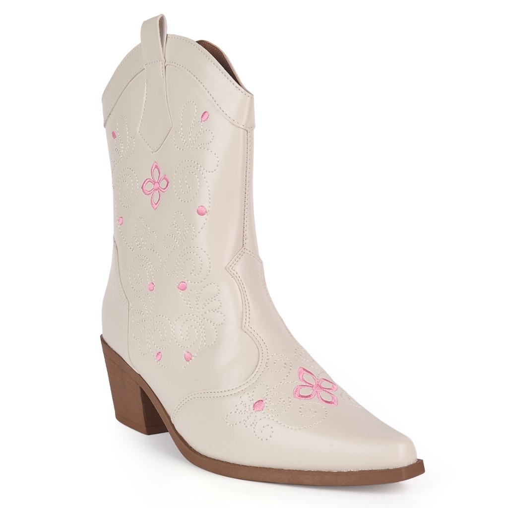 Bota Texana Feminina Western Bico Fino Quadrado Cano Curto Bordada Country Fashion Munita