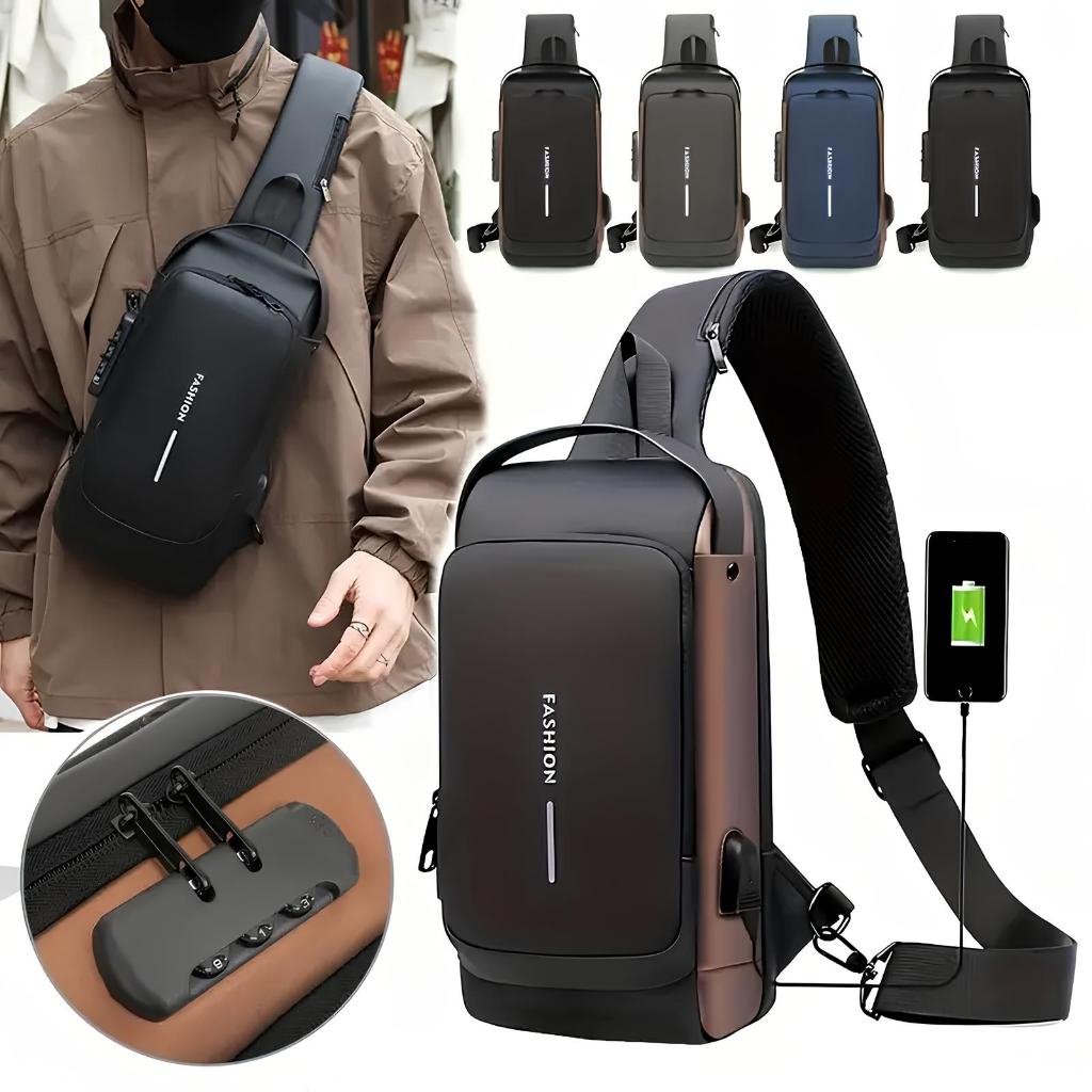 ​Mochila Peito Ombro Bolsa  Pochete Masculina Transversal Impermeável USB Cadeado Antifurto