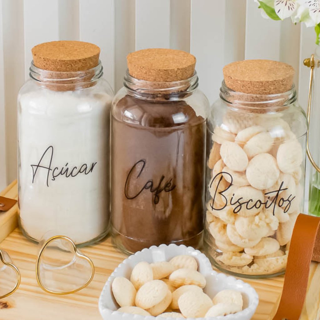 Kit Cantinho do Café - Café, Açúcar e Biscoitos | 3 potes de Vidro 810ml com Tampa Rolha + Adesivos