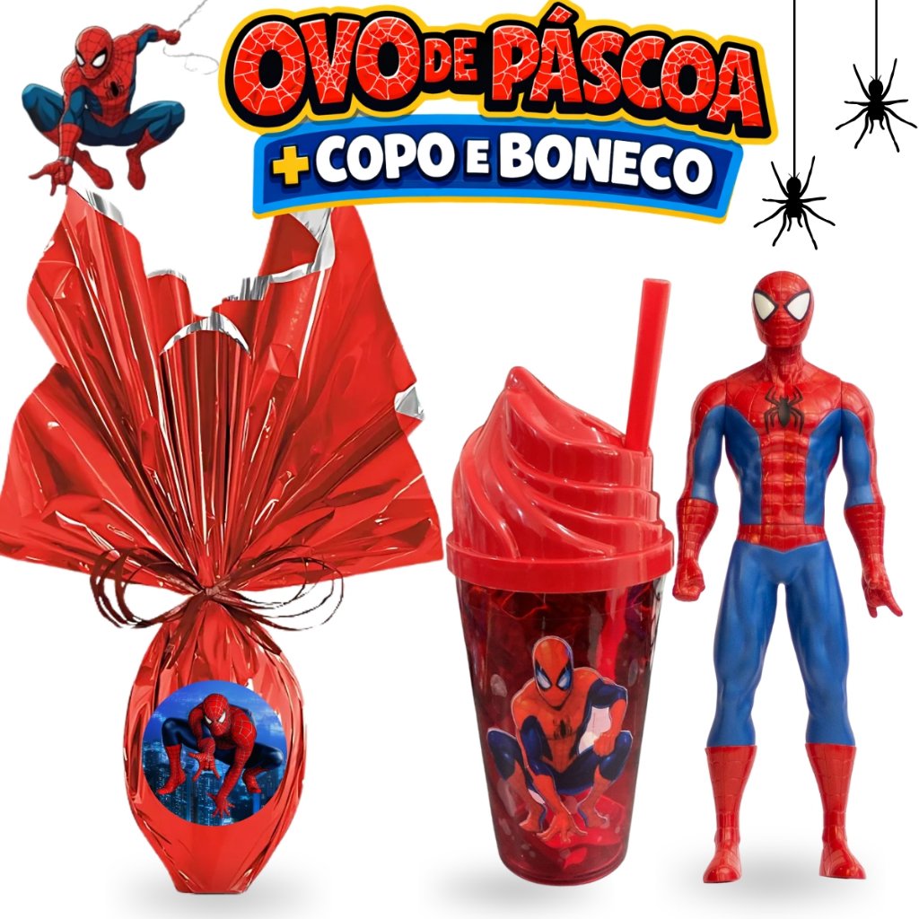 Kit Ovo De Páscoa 280g  Ao Leite Crocante Homem Aranha Copo e Boneco Presente Infantil Menino Filme