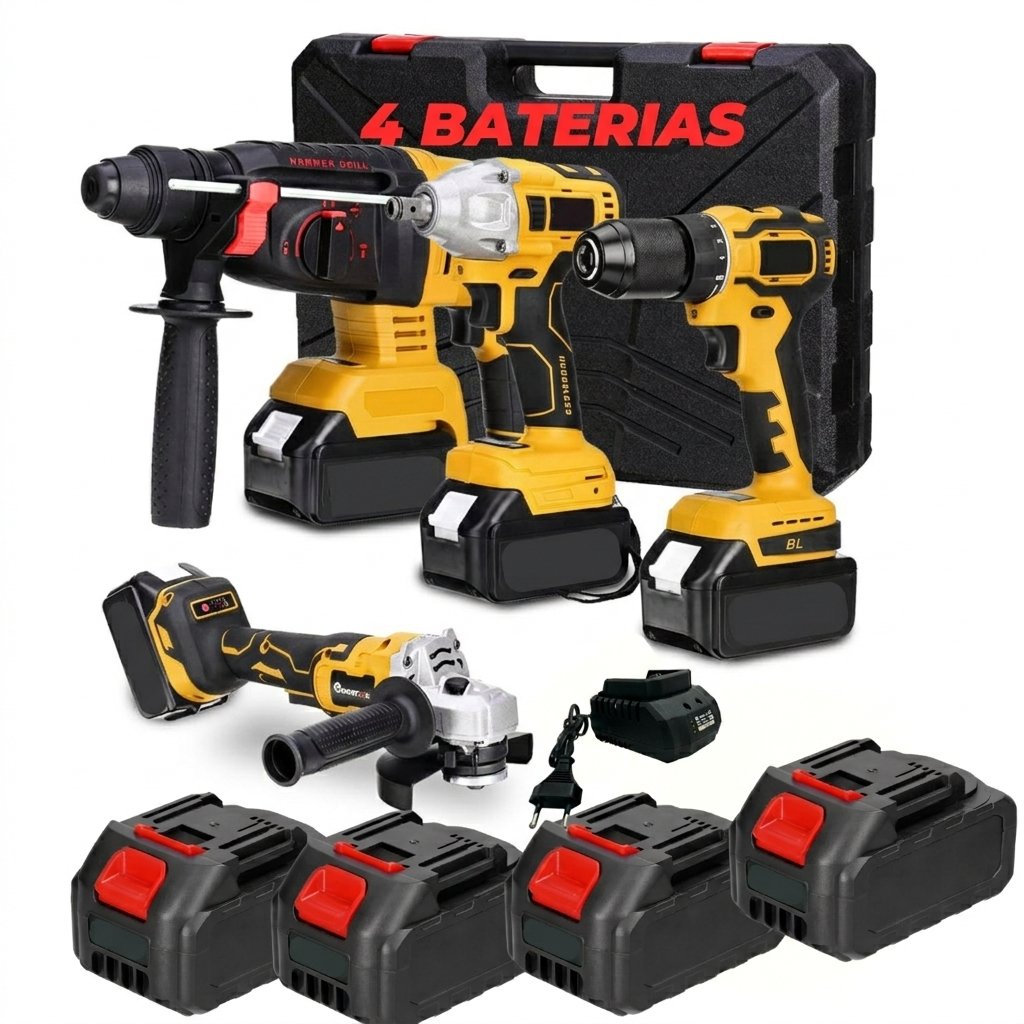Kit 4em1 Ferramentas Martelete Esmerilhadeira Lixadeira Parafusadeira Chave Impacto Bateria 96v