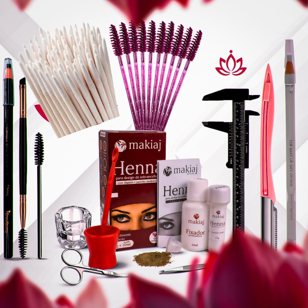 Kit Sobrancelha Henna makiaj+Palito+Navalha+Paquímetro+Tesoura+Pincel+Dappen+ 2 Lápis Dermatográfico
