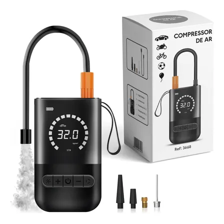 Calibrador Pneu Digital Sem Fio Compressor Carro Bike Moto Bivolt Recarregável Lanterna De Emergência Cinza-escuro
