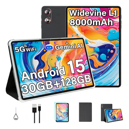 Tablet Android 15 10 Polegada 10 Pol 30gb Ram 128gb Rom (2tb Tf) Gemini Ai Wi-fi 5g, Octa-core, Bateria De 8000 Mah, Bluetooth 5.0, Con Protetor De Tela, Cabo De Dados, Capa Protetora Cinza