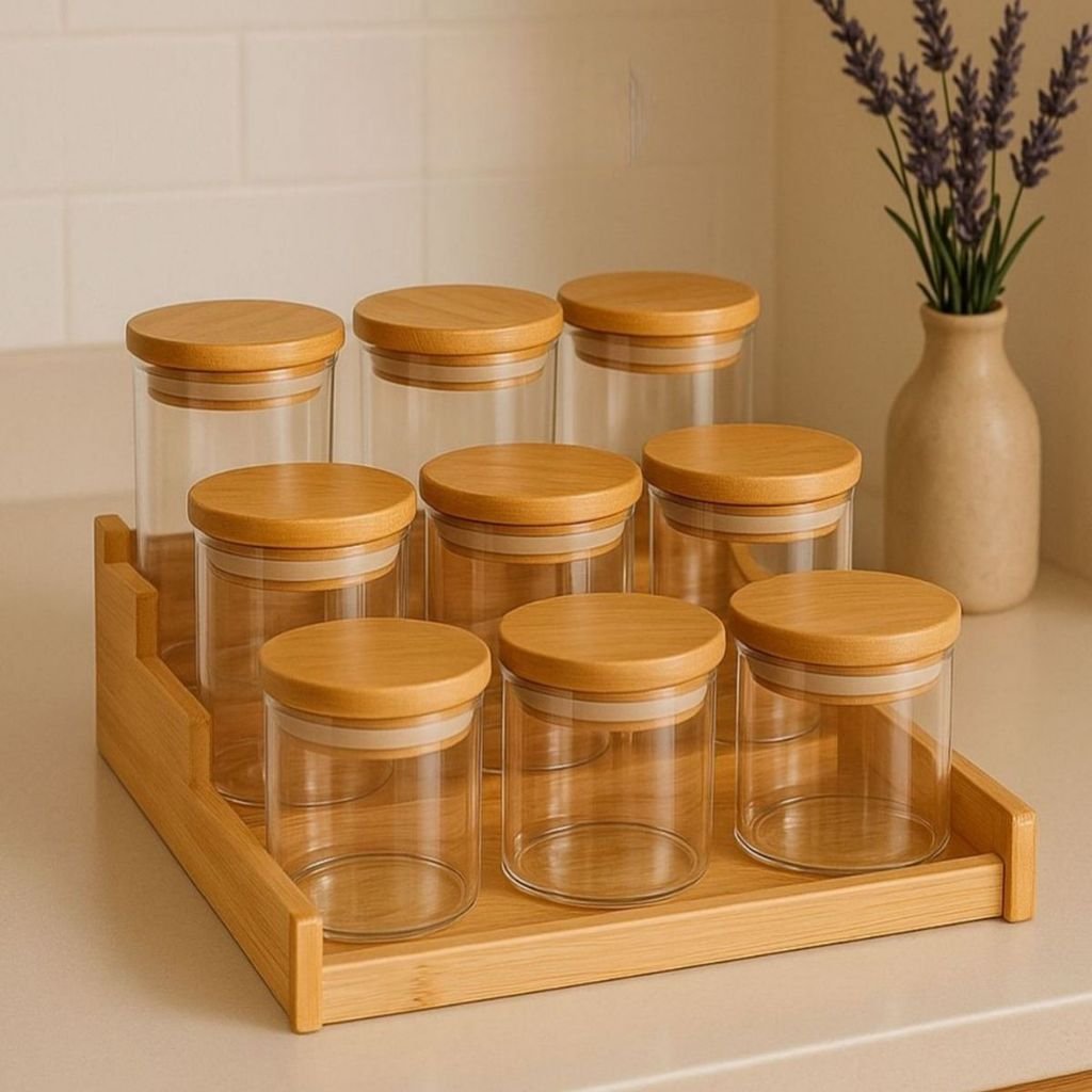 Kit 6 Pote Para Tempero 200ml Vidro Hermético Tampa Bambu Alta Vedação Mantimentos