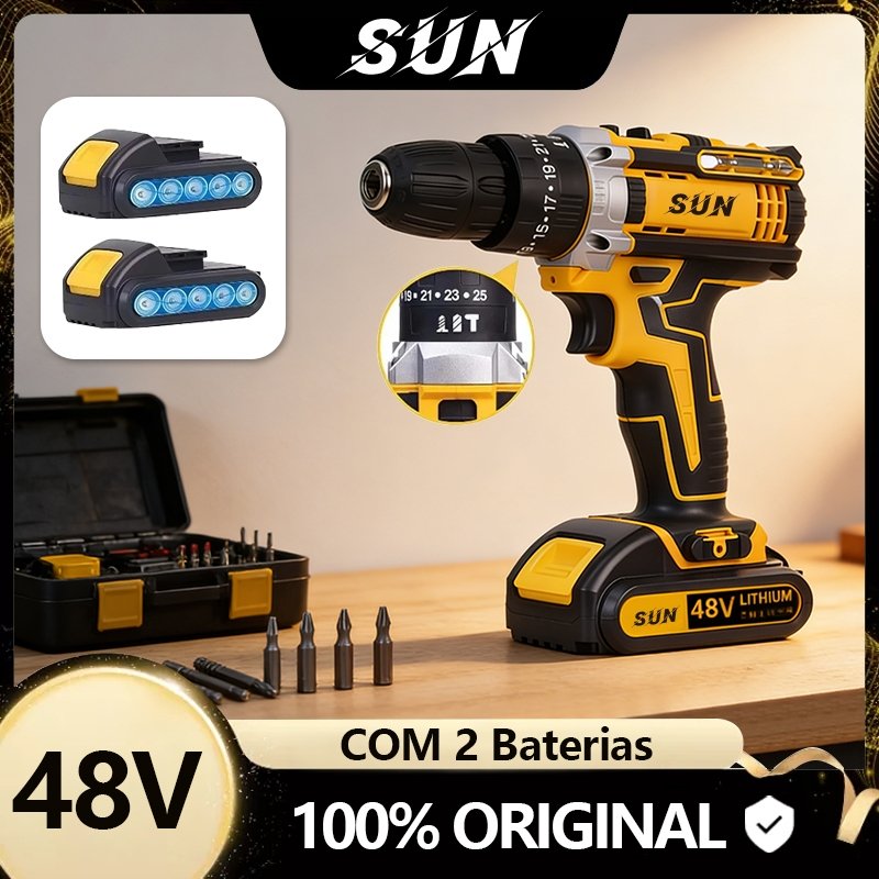 Parafusadeira Furadeira de Elétrica Sem Fio Impacto 48V Bateria 3 funções Kit Completo Acessórios