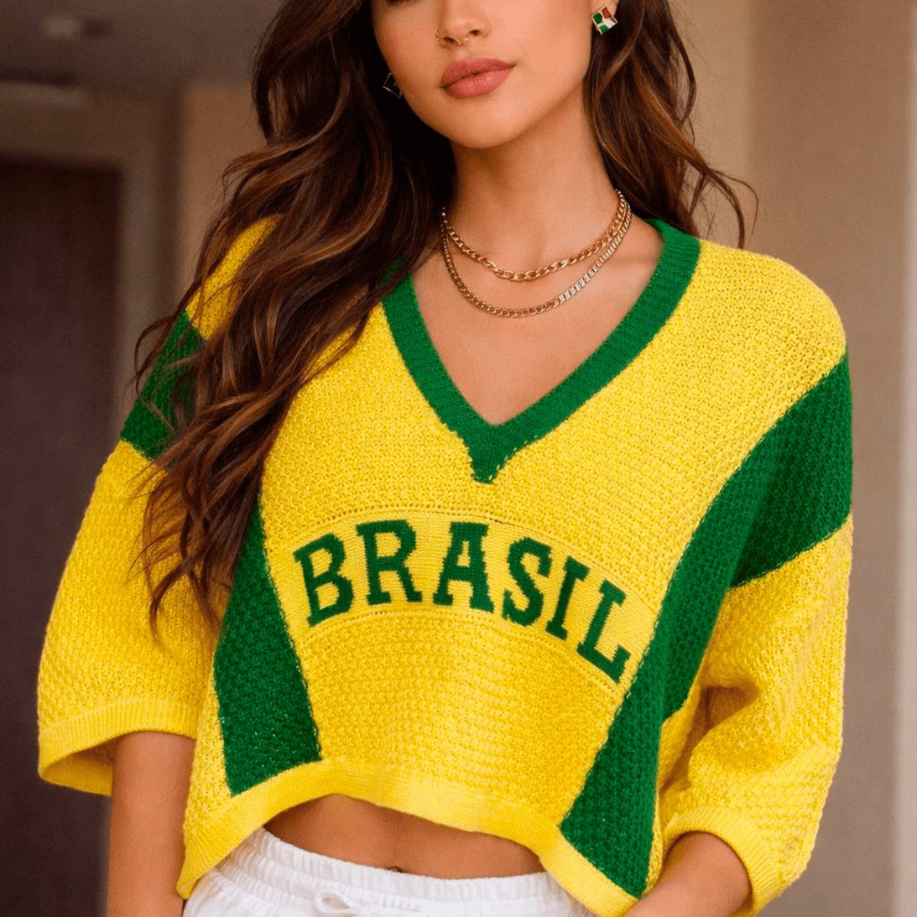 Blusa Feminina Cropped Manga 3 Quartos Brasil Copa Elegante Casual Tricot Básico