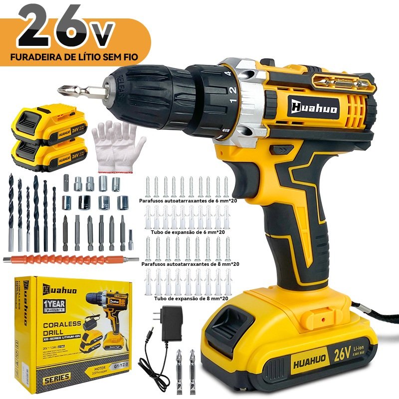 Parafusadeira A Bateria Furadeira Parafusadeira 26 2 Baterias Conjunto de acessórios de 24 peças gratuito