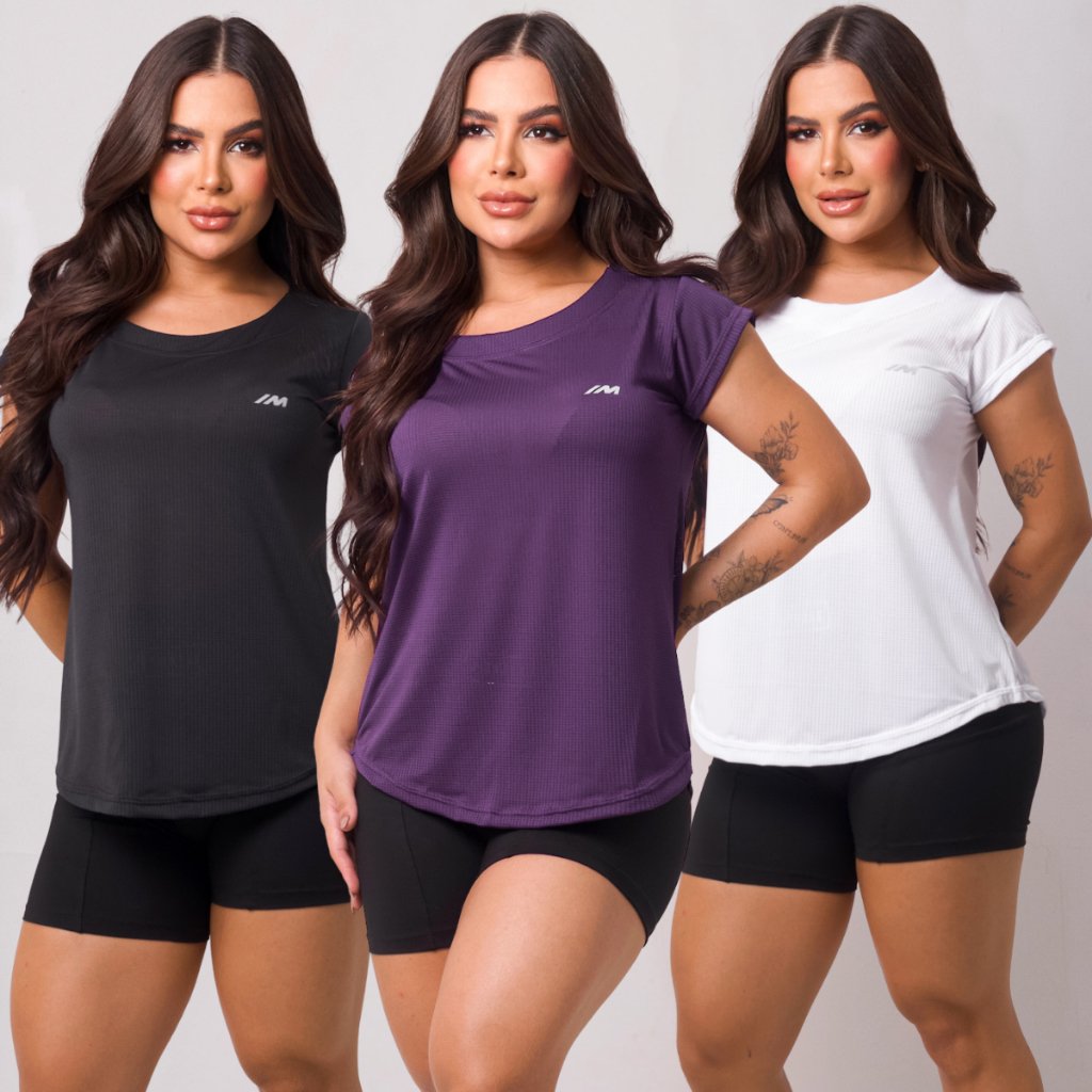 KIT 3 Camiseta Academia Feminina Dry Fit Treino Blusa Caminhada Treino Musculação