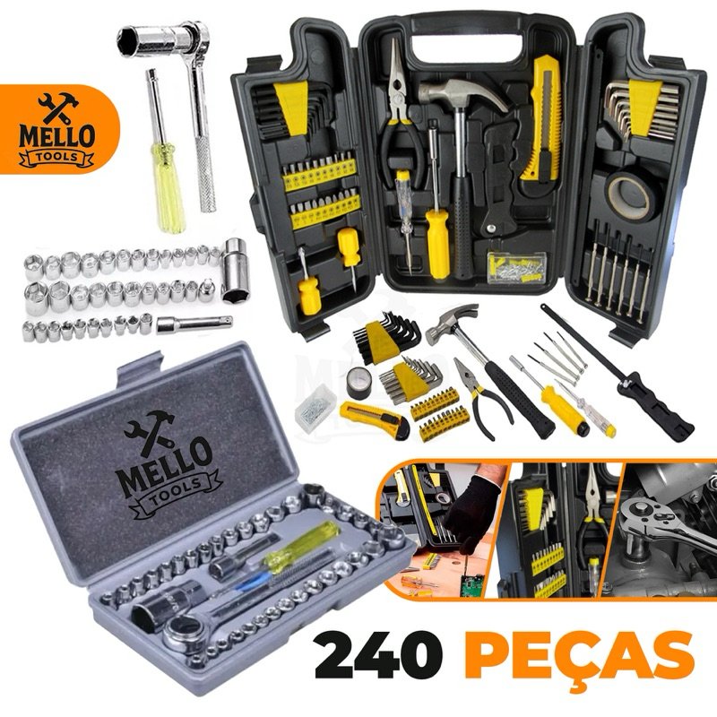 Kit Jogo de Ferramentas 240 Peças com Maleta Completa + Jogo De Soquetes