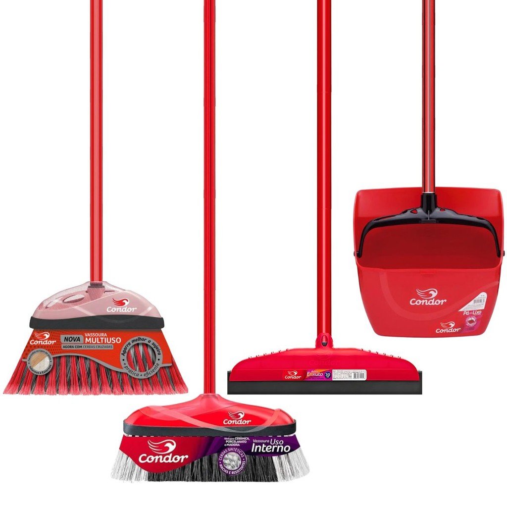 Kit Limpeza 1 Vassoura Varre Muito Interna 1 Varre Fácil 1 Rodo 30cm 1 Pá Caçamba Grande Qualidade Condor