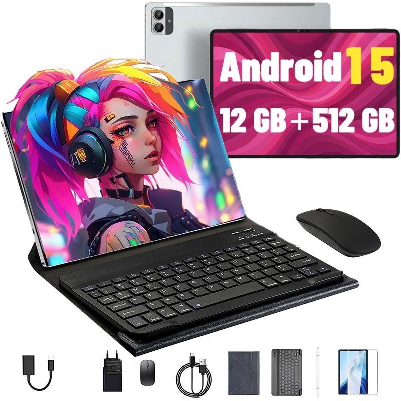 Pad 12 Tablet 12GB+512GB  Android 15, com capa protetora, 10.1 polegadas, câmera de 16 MP + 32 MP,10000mAh