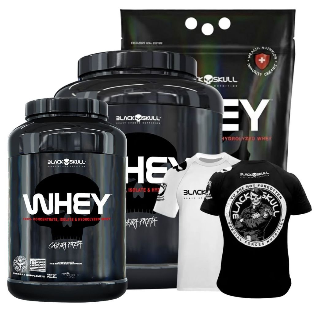 Whey Protein WPC + Whey Isolado + Whey Hidrolisado + Camiseta BOPE / Padrão Black Skull 900g 1800g
