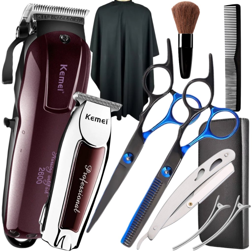 Kit Maquinas de Cortar Cabelo + Kit Tesouras Profissionais Para Barbeiro Tesoura Fio Navalha Capa Maquinas KM2600 KM9163