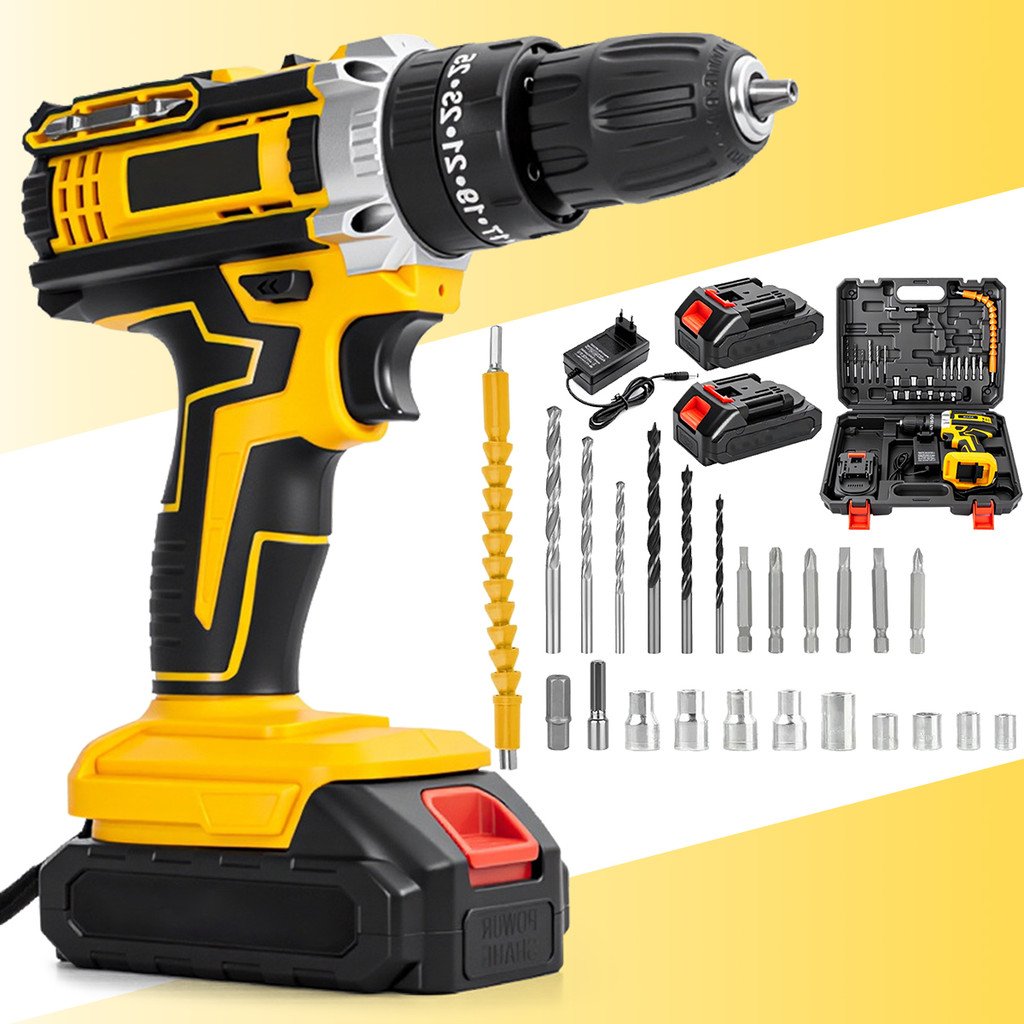 Conjunto de parafusadeira elétrica, equipado com caixa de ferramentas e acessórios, ideal para reformas domésticas.