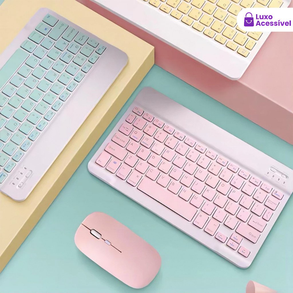 Mouse com iluminação Conjunto combinado 1，2，3Kit com Teclado e Mouse Sem Fio Bluetooth de Cores Macaron Adequado para PC