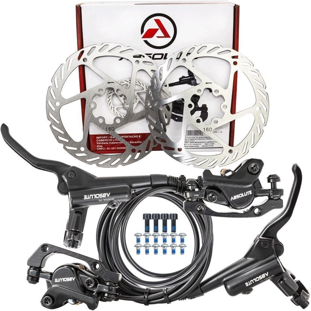 KIT FREIO A DISCO HIDRÁULICO ABSOLUTE WILD COMPT PAR + DISCOS 160MM ÓLEO MINERAL PRONTO P/ USO MTB