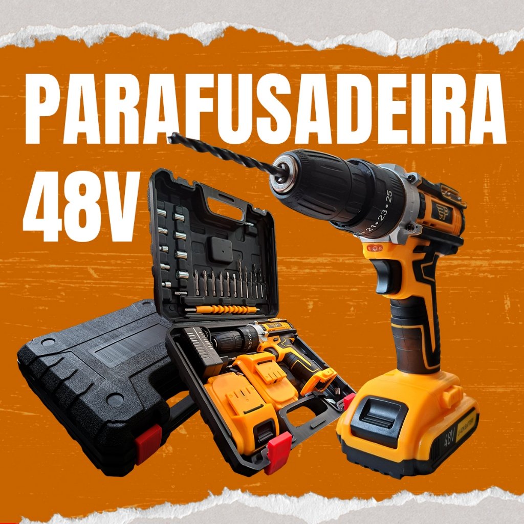 Furadeira Parafusadeira 48V Elétrica 2 Baterias 10mm Sem Fio Portátil Profissional Impacto Potente
