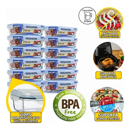 Kit 10 Pote De Vidro Marmita Hermético 370ml Freezer Fitness Rishon Transparente
