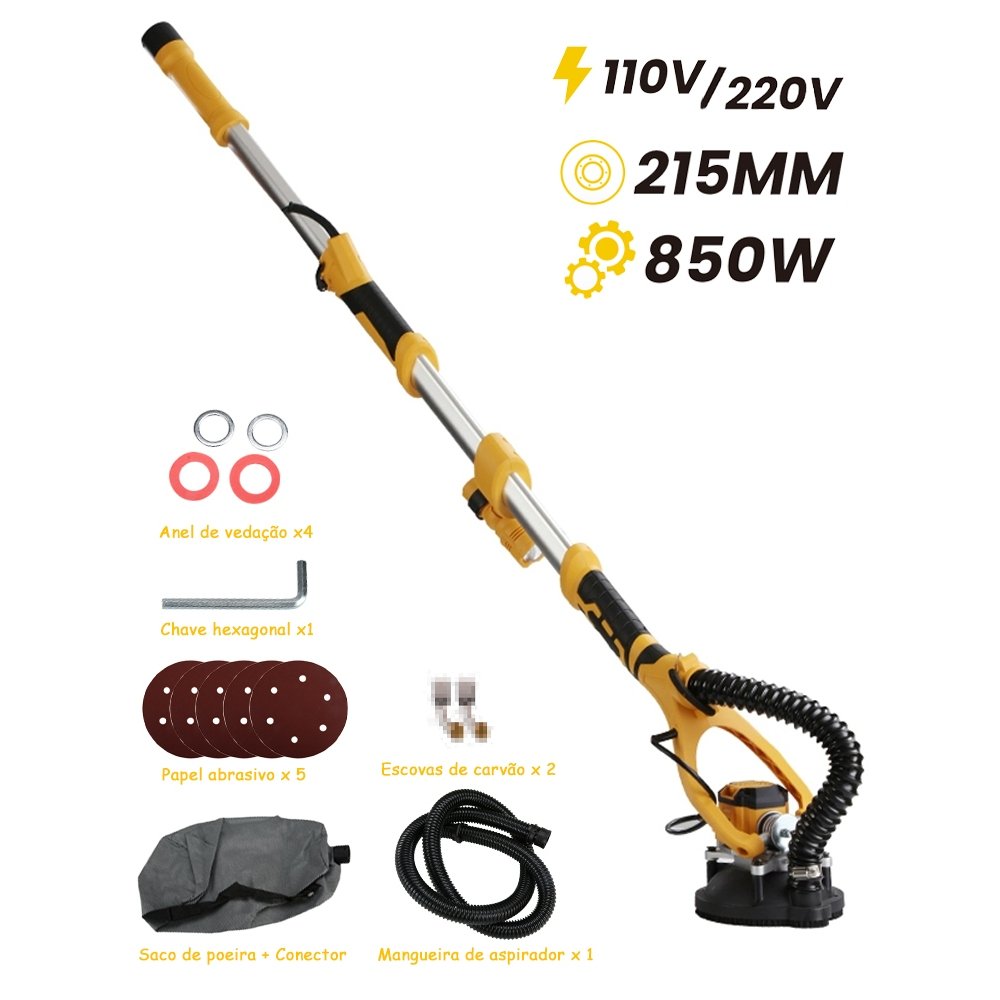 Lixadeira Para Parede e Teto Com Fita de LED 60Hz 850W 110/220V Amarela 215MM Dobrável Ajustável