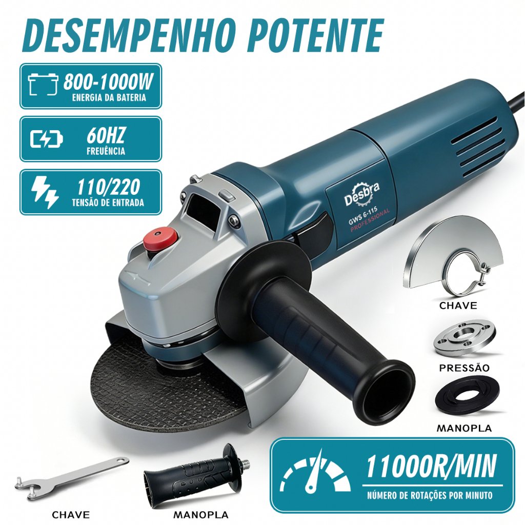 Esmerilhadeira Angular Profissional Kit Completo Bivolt 11000RPM 110V/220V Multifunção Cortar Lixar Polir