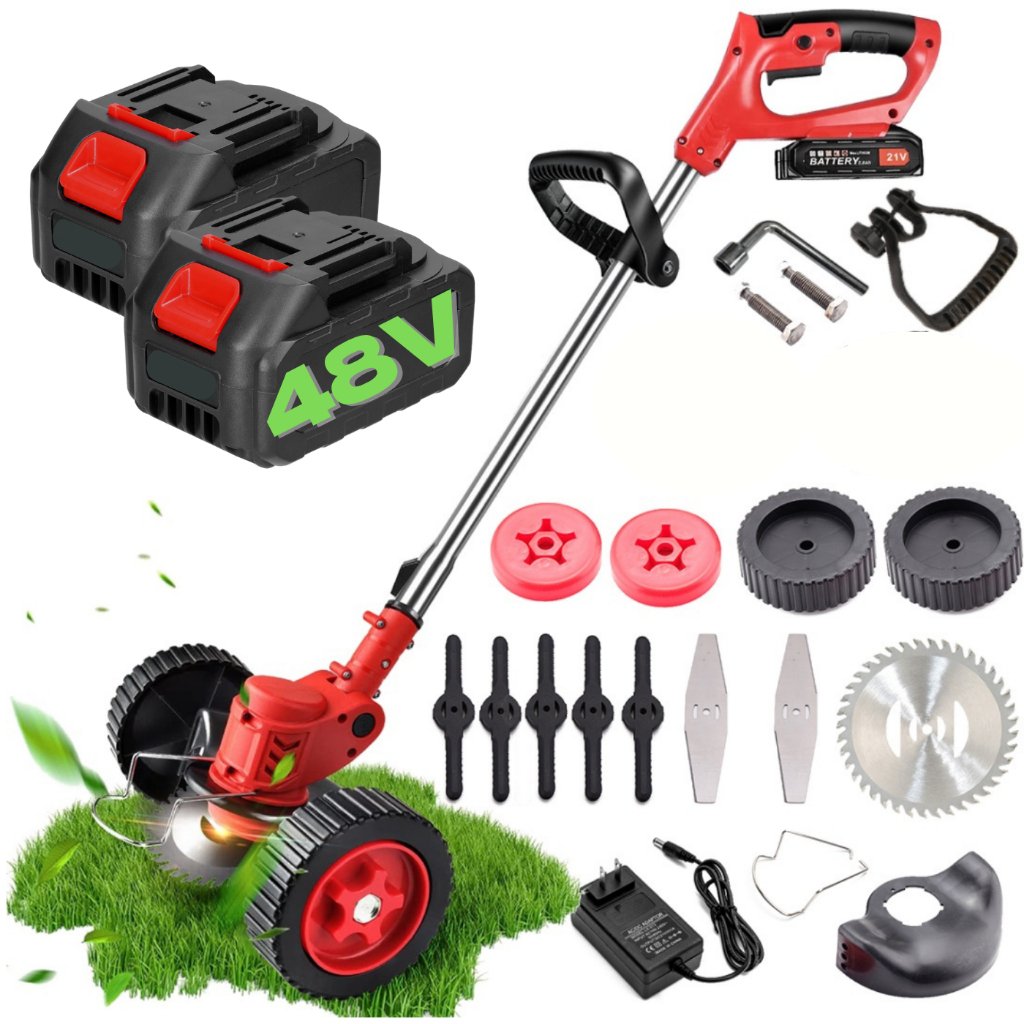 Roçadeira Aparador Cortador De Grama Elétrico Recarregável Com Rodas 2 Baterias 48v de Lítio kit completo