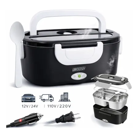 Marmita Elétrica Preta Bivolt Portátil Doméstica 110/220v Veicular 12/24v Lancheira 1.5l Com Divisórias Esquenta Rápido... Preto 127/220v