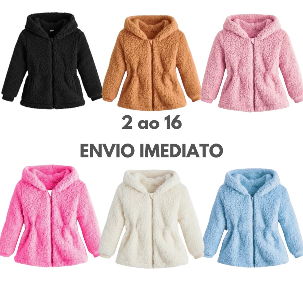 Casaco Teddy Infantil Menina Capuz Touca com Ziper Ted Tedy Forrado Quente Feminino Jaqueta Infantil