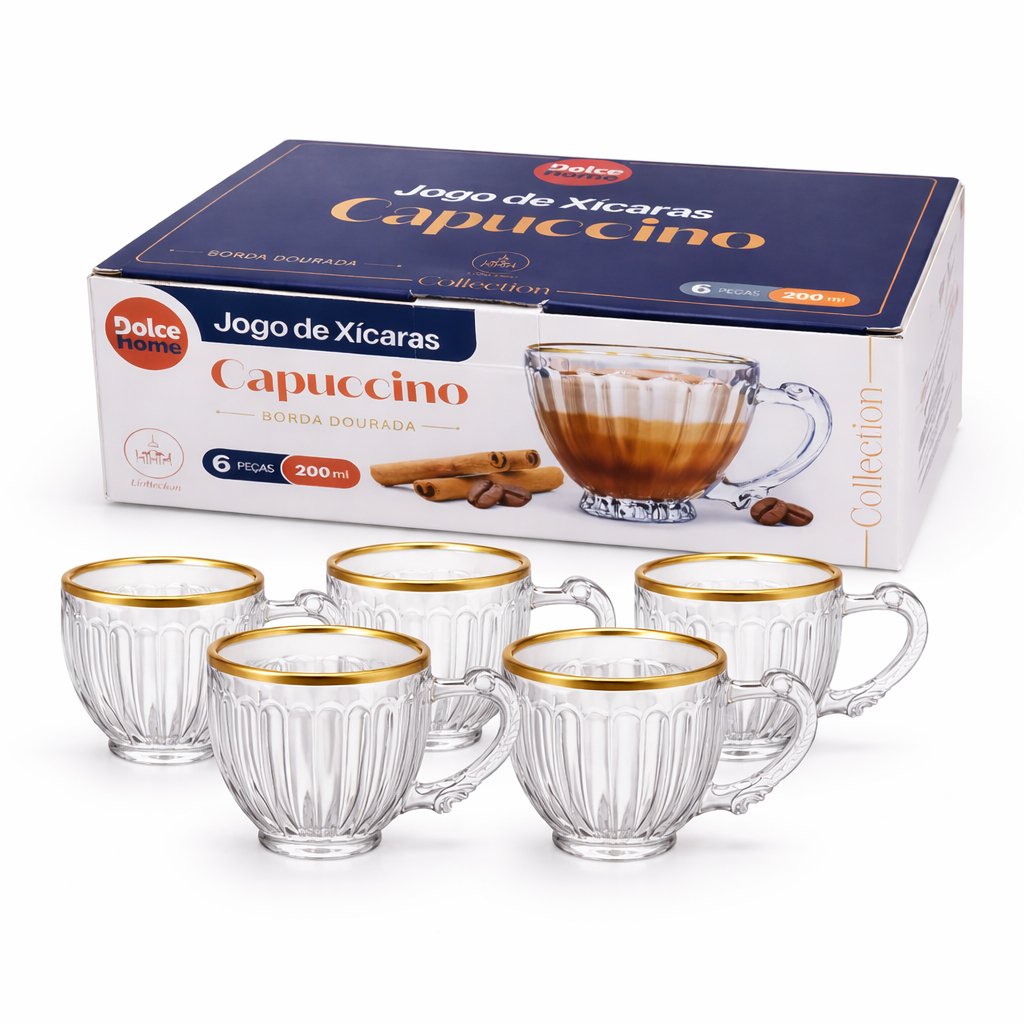 Jogo De 6 Xícaras Capuccino 200Ml Borda Dourada Linha Mesa