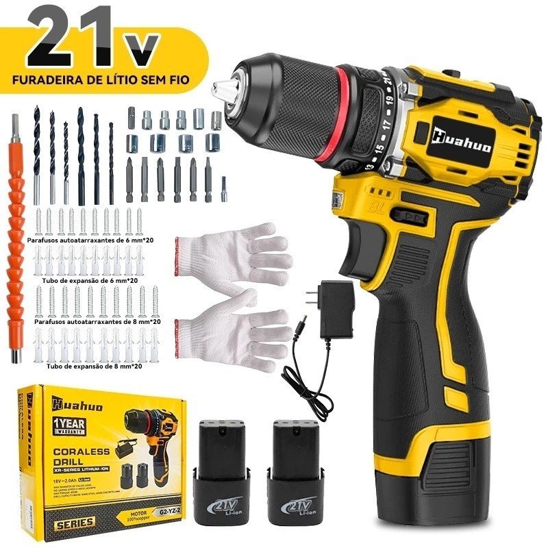 110V/220V Furadeira Parafusadeira 21v 2 Baterias em caixae de papelão e acessórios