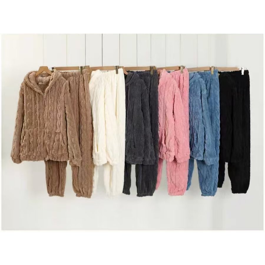 Pijama Feminino Peluciado Inverno Fleece Com Zíper Conjunto Quente Homewear Confortável