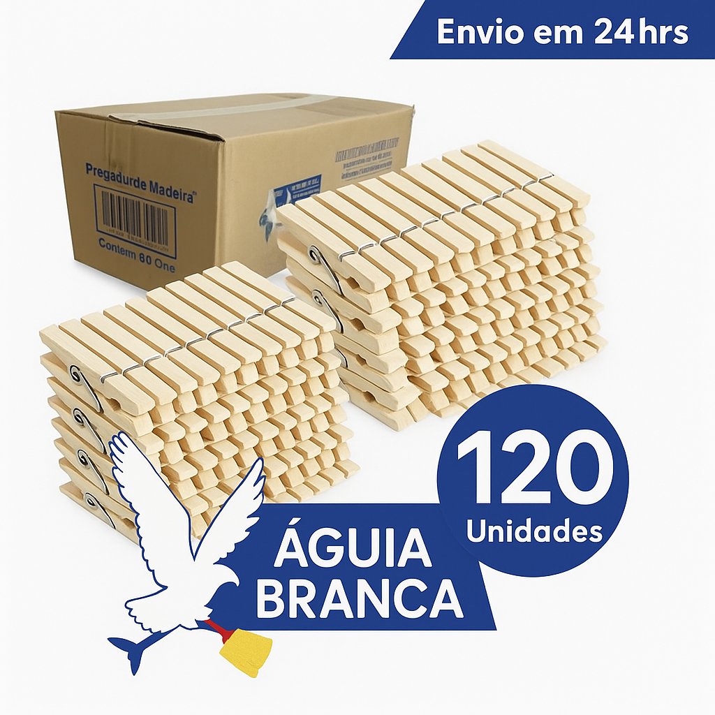 Pregadores de Madeira Águia Branca – Kit com Até 120 Unidades - Varal, Roupas, Toalhas Etc.