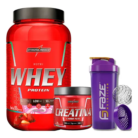 Kit Nutri Whey Pote 900g + Creatina Carbofuel 300g +shakeira Sabor Whey Morango / Creatina Neutro