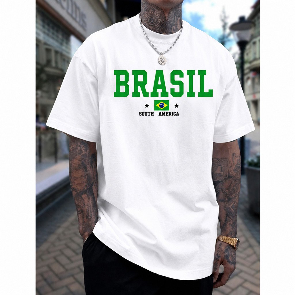 Camiseta Masculina Brasil 2026 Manga Curta com Gola Redonda e Estampa da Bandeira do Brasil Casual P AO PLUS SIZE