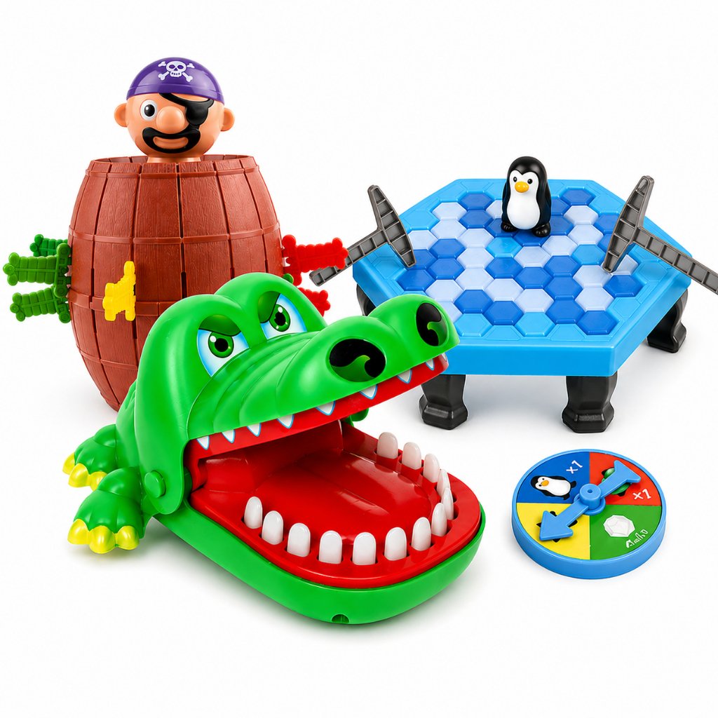 Kit Jogos Brinquedo Infantil Crocodilo Morde Dedo + Pula Pirata + Quebra Gelo do Pinguim Infantil
